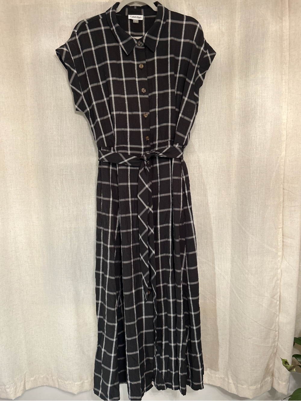 Calvin Klein Black Plaid Belted Midi Shirtdress Size 16
